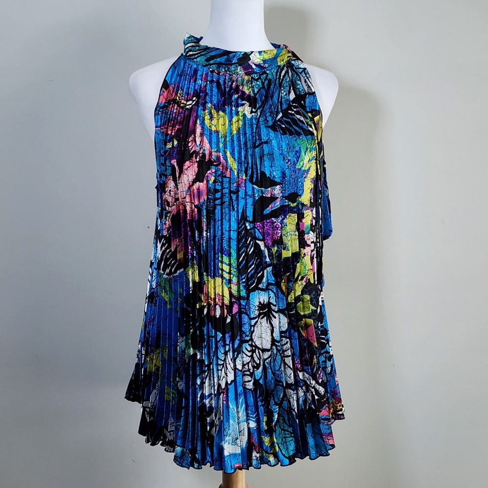 Pleated Halter Top Womens Large Blue Floral Abstract Tie Neck Party Blouse Flowy